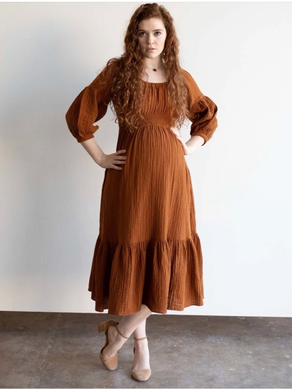 Emme Maternity Nursing Eliza Cotton Gauze Dress in Cinnamon size Small